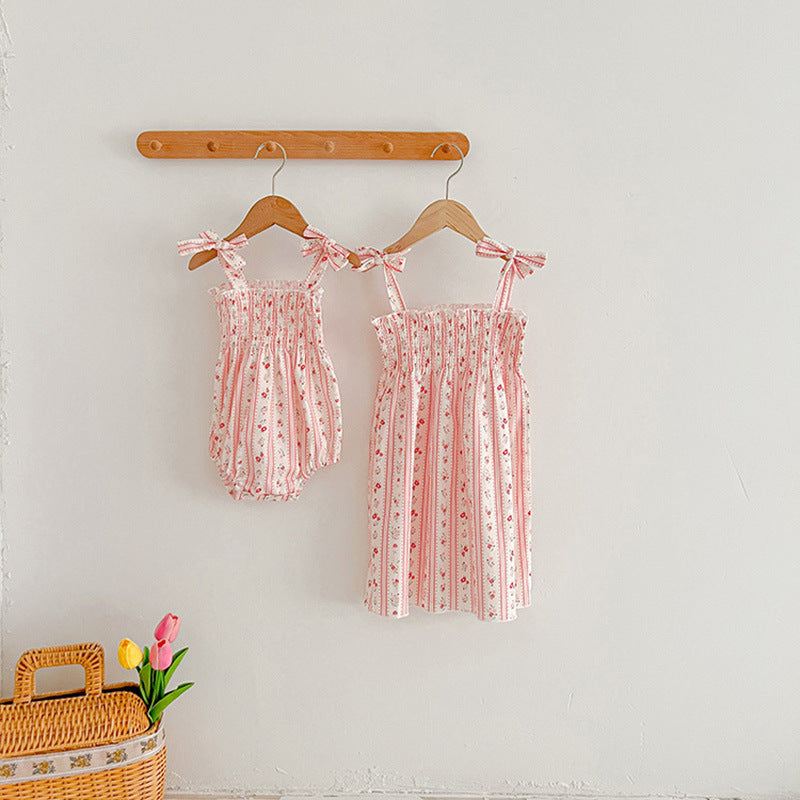 Design Summer Girls Floral Striped Sleeveless Strap Onesies And Dress – Sister Matching Clothing Set