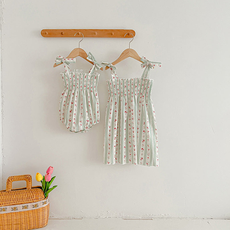 Design Summer Girls Floral Striped Sleeveless Strap Onesies And Dress – Sister Matching Clothing Set