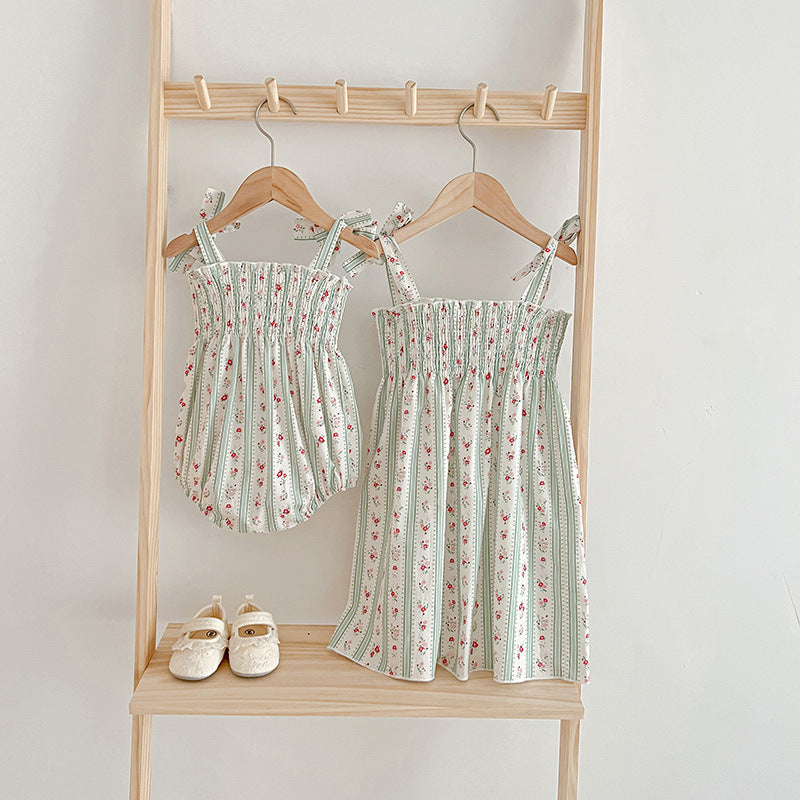 Design Summer Girls Floral Striped Sleeveless Strap Onesies And Dress – Sister Matching Clothing Set