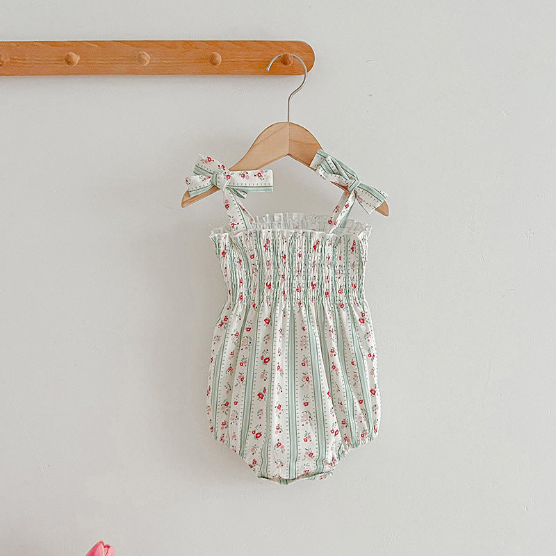 Design Summer Girls Floral Striped Sleeveless Strap Onesies And Dress – Sister Matching Clothing Set