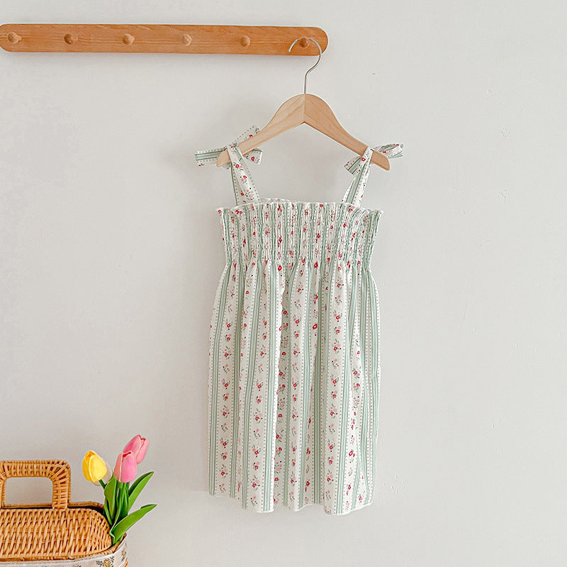Design Summer Girls Floral Striped Sleeveless Strap Onesies And Dress – Sister Matching Clothing Set