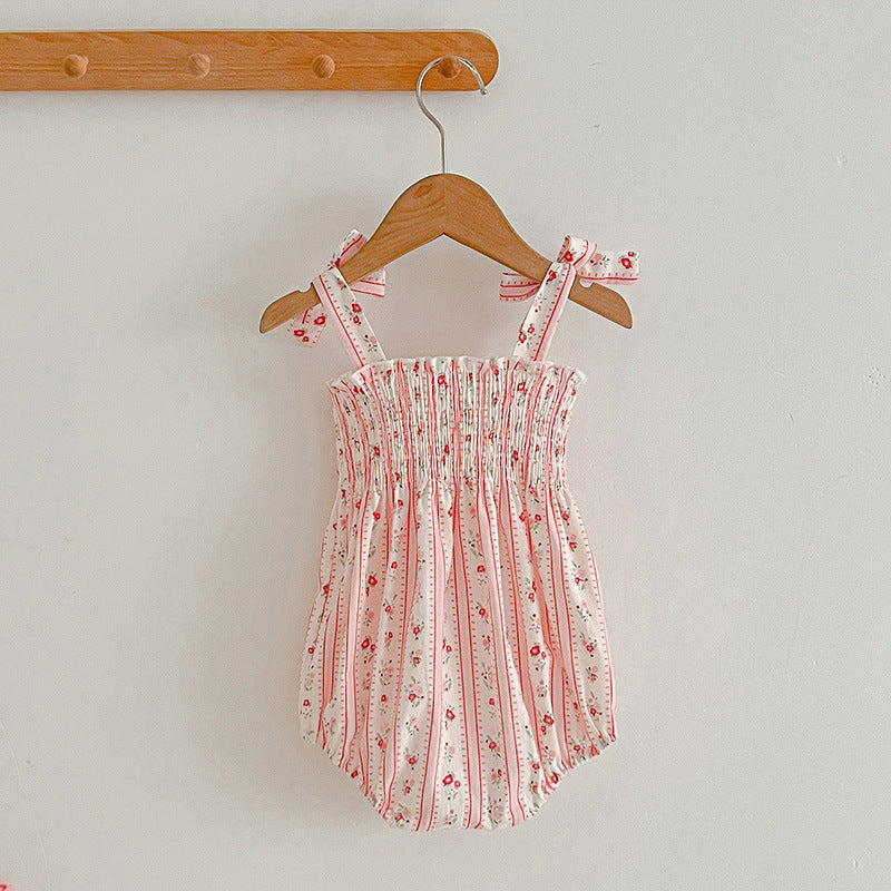 Design Summer Girls Floral Striped Sleeveless Strap Onesies And Dress – Sister Matching Clothing Set