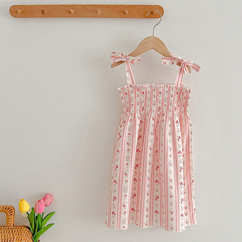 Design Summer Girls Floral Striped Sleeveless Strap Onesies And Dress – Sister Matching Clothing Set