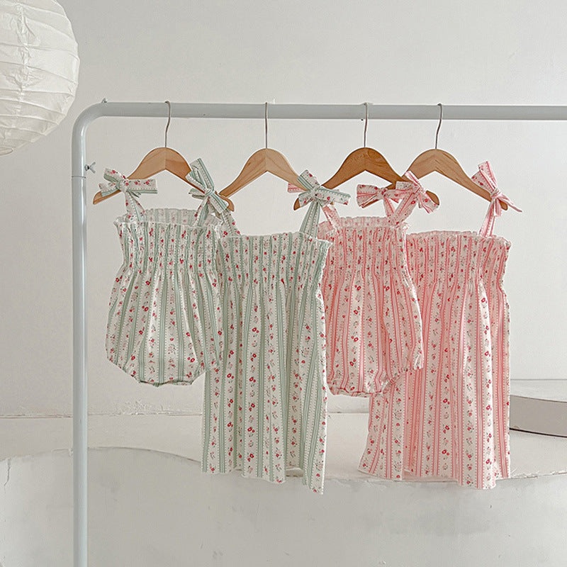 Design Summer Girls Floral Striped Sleeveless Strap Onesies And Dress – Sister Matching Clothing Set